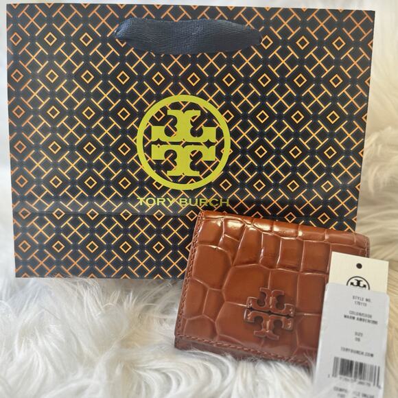 LIMITED TIME SALE - $235 Tory Burch Britten Crocodile Bifold wallet Amber Brown - Picture 1 of 6